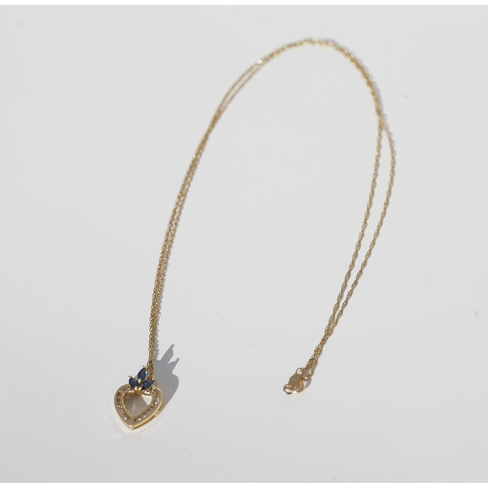 Vintage 14k Solid Yellow Gold Heart Natural Sapphire & Diamond Pendant Necklace - Picture 8 of 8